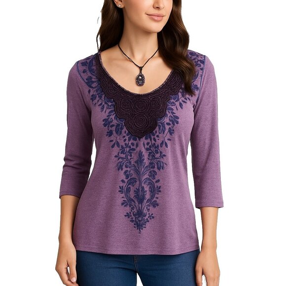 Live and Let Live Purple Embellished Boho Top Womens S Paisley Print 3/4 Sleeve - Picture 1 of 16